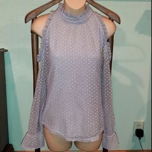 High neck, swiss dot lace cold shoulder blouse